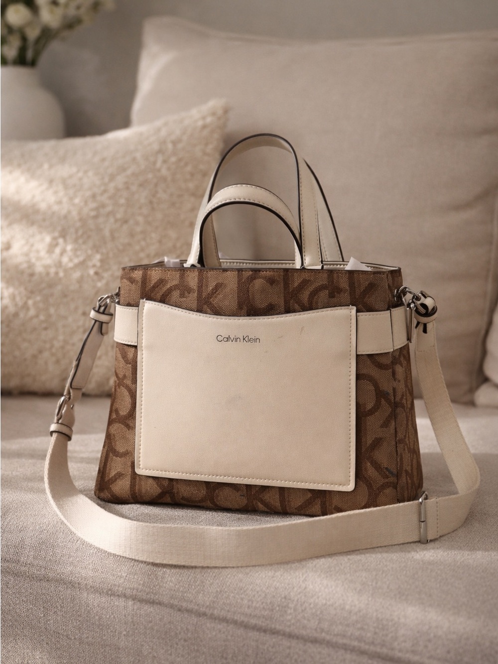 Calvin Klein Brown & Cream Monogram Satchel with Detachable Strap